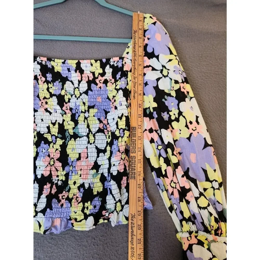 Free People Ariana Top Sz‎ S Boho Floral Smocked Ruffle Puff Long Sleeve NWOT